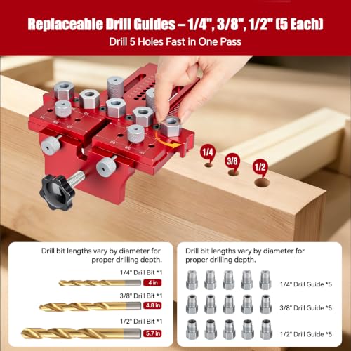 Dowel Jig Kit with Position Stop & Clamp, Full-Featured Doweling Jig | Self Centering Doweling Jig for 1/4",3/8",1/2" Drill Bits, Exact Straight Holes in Any Thickness Wood for Furniture, Cabinet