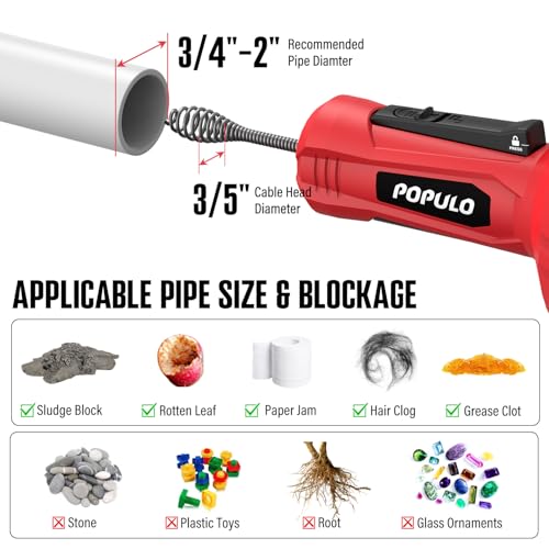 POPULO Auto-Feed 17FT Drain Snake Auger for 3/4"-2" Pipe, Plumbing Snake Drain Auger with Drill Adapter, Sink Snake Drain Hair Remover for Kitchen, Bathroom and Shower Sink, PMDA-5