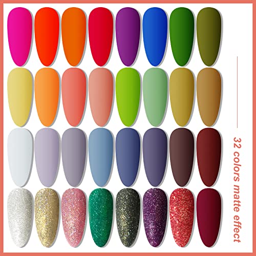 JODSONE Gel Nail Polish Kit with U V Light 32 Colors with Base Coat Matte Glitter Top Coat Gel Nail Set Manicure Salon Tools - color: rainbow candy a01