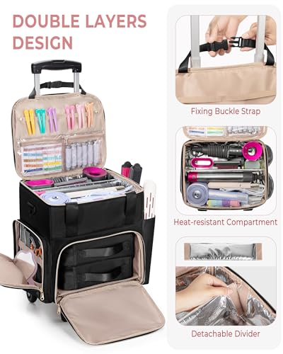 Rolling Hair Tools Travel Bag, Hairstylist Bag with Wheels, Black - color: Black