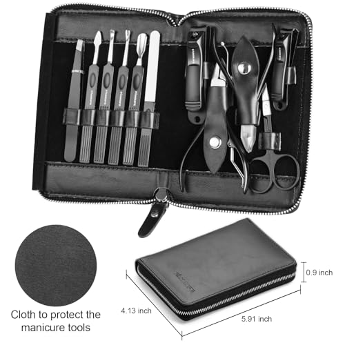 FAMILIFE Stainless Steel Manicure Set 11-in-1 Professional Nail Clipper Kit | Portable Leather Travel Case, Pedicure & Grooming Tools for Fingernails & Toenails, Luxury Gifts for Men & Women, Matte Black - color: Black-1