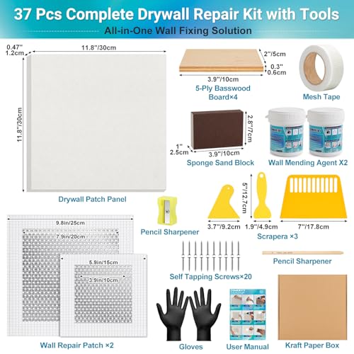 37 Pcs Drywall Repair Kit with 12"x12" Dry Wall Panel, Dry wall Patch Kit Sheetrock Repair Kit with Spackle, Mesh Tape, Putty Knives & Sanding Block for Sheet Rock Wall Surface Ceiling Large Hole Fill - style: 2 Bottle Wall Repair Agent