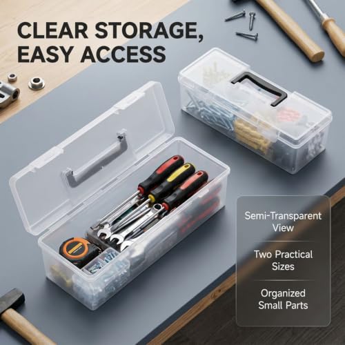 Hardware Organizer Box, 2 Pack Small Parts Tool Case for Garage | Frosted translucent plastic, garage workshop, hardware storage, screws and tools, secure latch, carry handle, 2 sizes