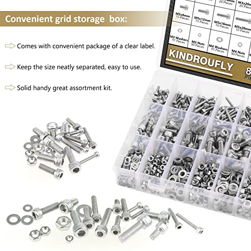 814 Pieces Socket Head Cap Screws Nuts Washers Kit, Kindroufly M3 M4 M5 M6 Screw Assortment Kit, Metric Screw Set, Bolts and Nuts, Machine Screws, 304 Stainless Steel, Fully Machine Thread - size: M3/M4/M5/M6, style: Socket Head