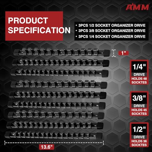 AMM 9-Piece Socket Organizer, 1/2 inch, 3/8 inch and 1/4 inch Drive ABS Tools-Black Socket Holder,Heavy Duty Socket Racks, Premium Quality Socket Clip Rail Holder,The best tool trays in the garage - color: BLACK, size: 9PC