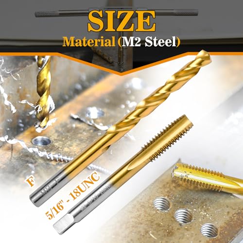 5/16"-18 UNC Tap and F Drill Bit Kit for Metal, M2 HSS Drill and Tap Set - size: 5/16"-18 Tap, F Drill