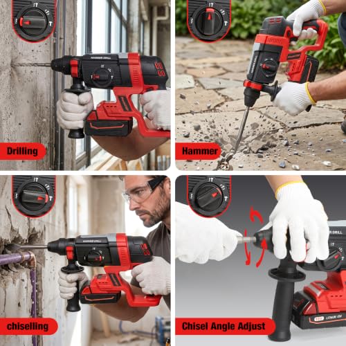 SDS Plus Cordless Rotary Hammer Drill for Milwaukee M18 Battery, Hammer Drill 18v Brushless for Concrete/Masonry/Wood/Metal, Rotomartillo, 4 Functions, 5 Drills with Gloves (Battery Not Included) - color: Red