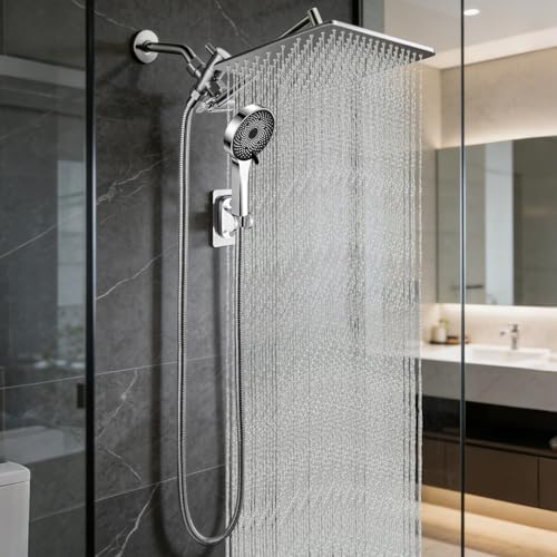 12 Inch Shower Head, Rain Shower Head with Adustable Extension Arm, Detachable Silver Rina Shower Head with Handheld Spray, High Pressure Shower Hose with Holder in Bathroom(Silver) - color: Silver, size: 12 Inch