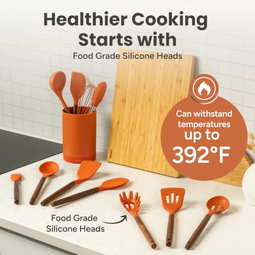 SMIRLY Silicone Kitchen Utensils Set, 22-Piece Acacia Wood Handle, Orange - color: Orange