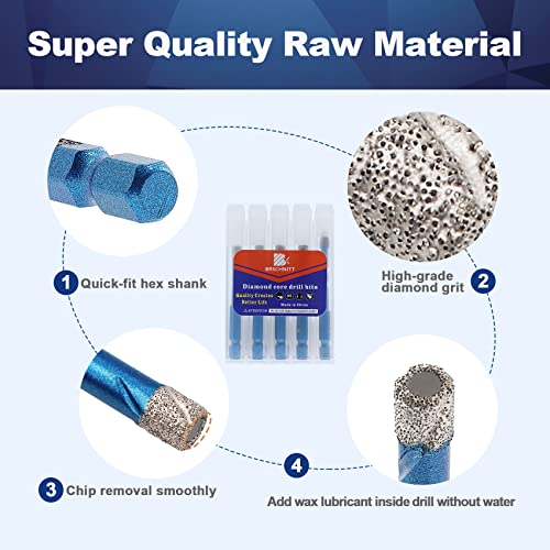 Diamond Drill Bit - BRSCHNITT 1/4 1/4 5/16 3/8 inch Masonry Drill Bits Set for Porcelain Tile Ceramic Stone Granite Marble,Hex Shank Diamond Hole Saw Drill Bit(5pcs/Pack). - size: 6/6/8/10mm+6mm