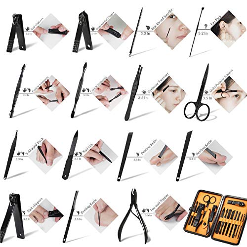 Professional Stainless Steel Nail Clipper Travel & Grooming Kit Nail Tools Manicure & Pedicure Set of 15pcs with Luxurious Case (Black/Yellow) - color: Black/Yellow