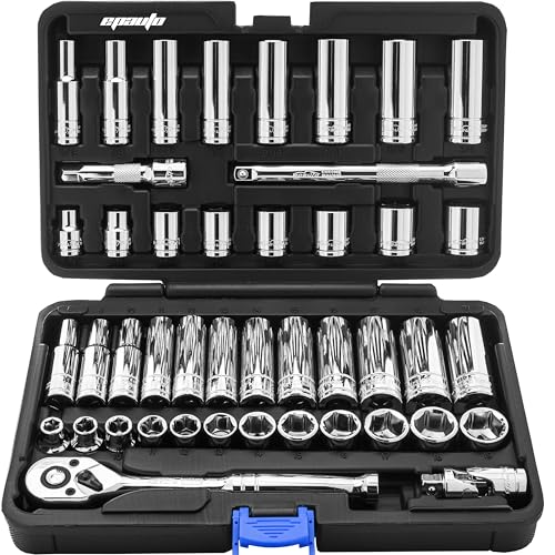EPAuto 45 Pieces 3/8" Drive Socket Set with 72-Tooth Pear Head Ratchet - size: 45 Pieces