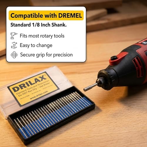 Drilax 30-Pc Diamond Drill Bit Set, 15x 2mm & 15x 3mm, 1/8 Inch Shank Dremel Compatible for Glass, Sea Glass, Gemstones, Ceramic & Lapidary Jewelry Making - size: 2mm - 3mm