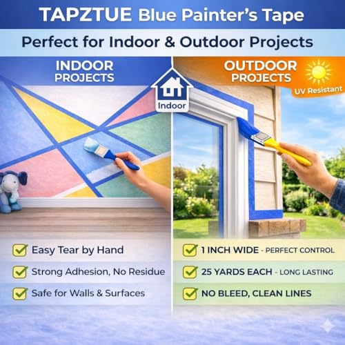 Blue Painters Tape 1 Inch Wide, 7 Rolls Masking Tape 0.98 in x 25 Yds, Clean Removal Blue Masking Tape No Residue, Easy Tear Paint Tape for Wall Painting, Trim, Windows & Home Improvement - size: 7 Rolls Blue Painters Tape 1 Inch x 25 Yds Each