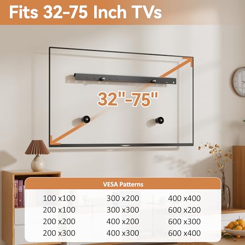 Studless Drywall TV Wall Mount, No Stud No Drill TV Bracket Hanger for 32-75 Inch TVs, Max Vesa 600x400mm up to 150lbs, Low Profile, Tilts 5°, Easy Install, Includes All Hardware & Level - size: 32"-75"