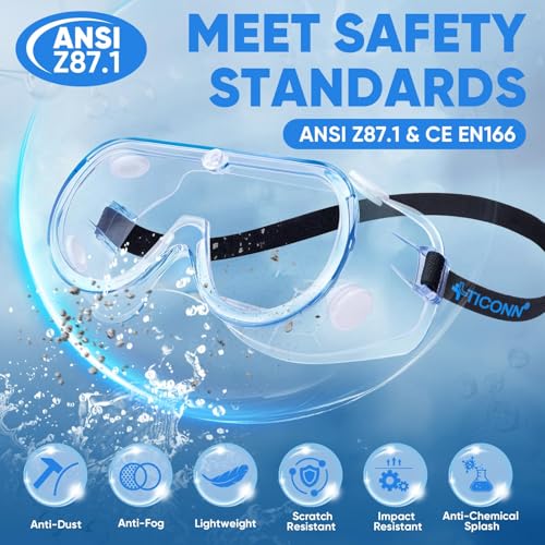 TICONN Anti-Fog Safety Goggles, HD Clear Eye Protection, ANSI Z87.1 Lab Goggles for Chemistry, Industrial - style: 1