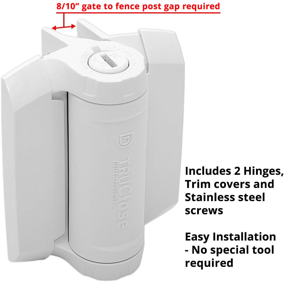 D&D TCHD1AL2S3WTS TruClose Heavy Duty Gate Hinge Square Metal Gates, 2 pcs - color: White, size: Fixed gate gap is 8/10” – gap = gate frame to post