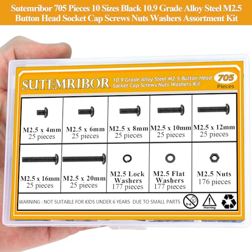 705 Pieces M2.5 Screws Nuts Washers Set Black, Sutemribor M2.5 x 4/6/8/10/12/16/20mm Button Head Socket Cap Screws Nuts Washers Assortment Kit, 10.9 Grade Alloy Steel, Fully Threaded - size: M2.5 x 4/6/8/10/12/16/20mm Kit, style: Button Head