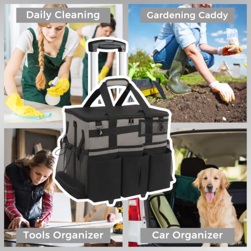 SCAVATA Rolling Cleaning Caddy Bag with Detachable Trolley, Large Cleaning Supplies Organizer with Wheels, Multi-Pocket Cleaning Cart with Adjustable Shoulder Strap for Housekeepers (WarmGrey) - color: WarmGrey