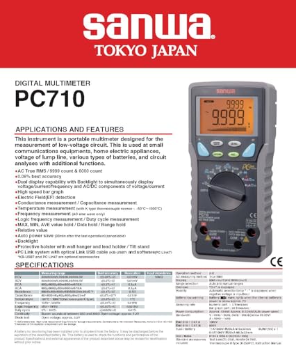 Japan Sanwa Digital Multimeters PC710 Peak Hold Function, Temperature Probe Included(PC710) - size: PC710