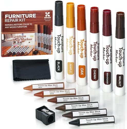 13-Piece Wood Stain and Scratch Repair Kit by Katzco - Furniture Markers and Wax Sticks - Covers Scratches, Stains and Scuffs on Floors, Cabinets and Desks - Includes Sharpener