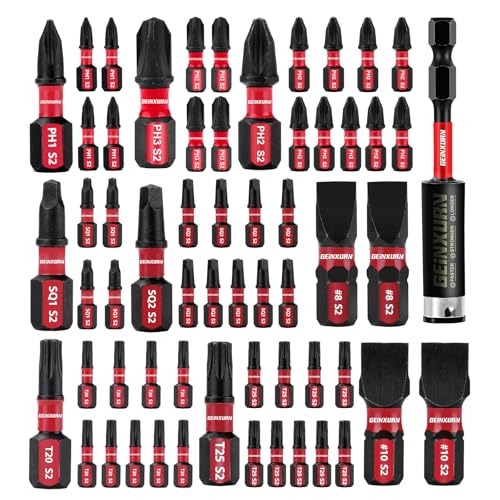 GEINXURN Screwdriver Bit Set with PH1/PH2/PH3/SQ1/SQ2/T20/T25/SL8/SL10 and 1Pcs Impact Bit Holder, 60Pieces Impact Rate Insert Driver Bit Set - size: MIXED-60PC