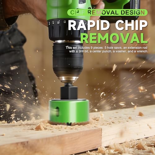 9 Piece Hole Saw Set - High Carbon Steel 25-54mm (1" to 2-1/8") Blades for Drywall, Softwood, Plastic, and PVC; Professional Grade with Instant Support - size: 9PCS(1"to 2-1/8"/25-54mm)