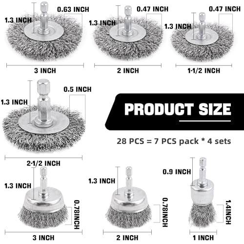 Wire Brush Set 28 Pcs - Abrasive Wheel, Cup Brush, Coarse Crimped Carbon Steel Attachments for Drill with 1/4 Inch Hex Shank (28)