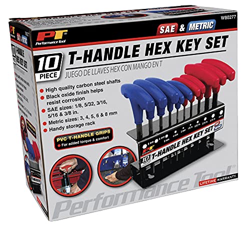 Performance Tool W80277 10-Piece SAE and Metric T-Handle Hex Key Set - size: 10 Pieces, style: 10pc SAE & Metric T-Handle Hex Key Set