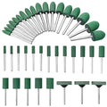 39 Pcs Rubber Polishing Drill Bits,Green Buffer Abrasive Bits Metal Polish Tips Rotary Tool Accessories Bullet Cylinder T Shape Rubber Wheel Bit 3 mm Mandrel