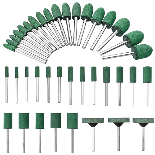 39 Pcs Rubber Polishing Drill Bits,Green Buffer Abrasive Bits Metal Polish Tips Rotary Tool Accessories Bullet Cylinder T Shape Rubber Wheel Bit 3 mm Mandrel