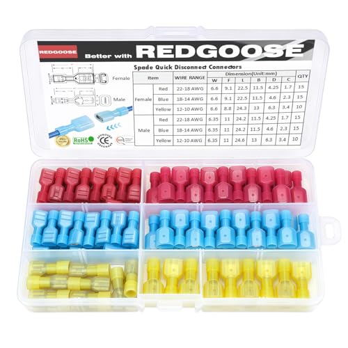 80PCS Spade Quick Disconnect Wire Connectors, 22-10 AWG Male and Female Wire Crimp Terminal(22-18AWG Red 15Pairs, 18-14AWG Blue 15Pairs,12-10AWG Yellow 10Pairs)