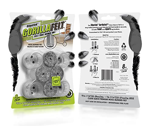 Slipstick GorillaFelt Chair Leg Floor Protectors for Hardwood Floors, Clear Sleeve Felt Pads for Furniture That Stay On, Fits Round & Square Legs, Includes 8 Premium Transparent Chair Socks, CB184 - size: 7/8 Inch - 1-1/8 Inch Sleeve 8 Pack