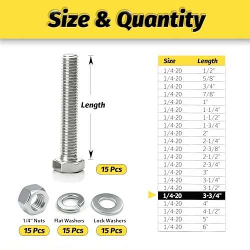 15 Sets 1/4-20x3-3/4 Bolt and Nut Set, Flat & Lock Washers Included,60PCS | 304 Stainless Steel 1/4-20 Bolt, Precision Fasteners Mechanical Assembly Equipment Repair & DIY - size: 1/4-20x3-3/4" 15sets