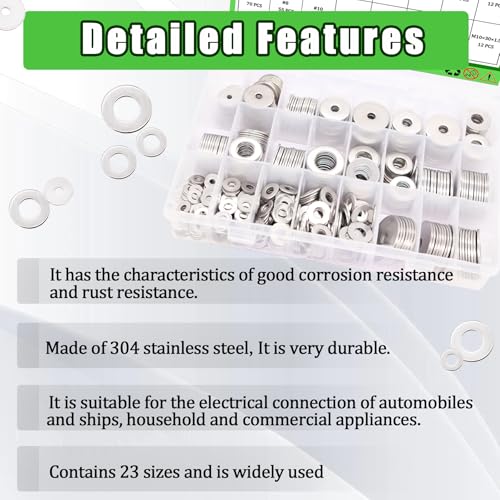 530Pcs Fender Washers for Screws and Bolts, 23 Sizes SAE & Metric Flat Assorted washers Kit,304 Stainless Steel Washers Set for Bolts (M3 M4 M5 M6 M8 M10 M12 6# 8# 10# 1/4 5/16 3/8 1/2) - size: Metric &SAE-530PCS, style: Flat Washers