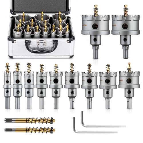 GRENPRO 16PCS Carbide Hole Saw Kit,Metal Saw for Hard Metal & Stainless Steel | 1/2" to 2-1/8" TCT Hole Cutter Set for Metal Studs, Iron, Wood, Plastic | with 2 Titanium Pilot Drills & Wrenches
