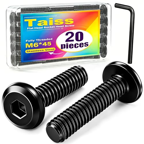 Taiss 20pcs M6 x 45mm Flat Head Socket Head Screw Furniture Bolts,Furniture Screws Stainless Steel 18-8(304),M6 Bolts Black Zinc Plated Fully Threaded,Countersunk Connector M6 Screws with Hex Spanner - size: 20PCS M6x45mm