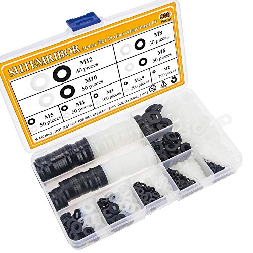 Nylon Flat Washer Assortment Set 800 Pieces, 9 Sizes - M2 M2.5 M3 M4 M5 M6 M8 M10 M12, (Black+White)(Not Rubber Washers)