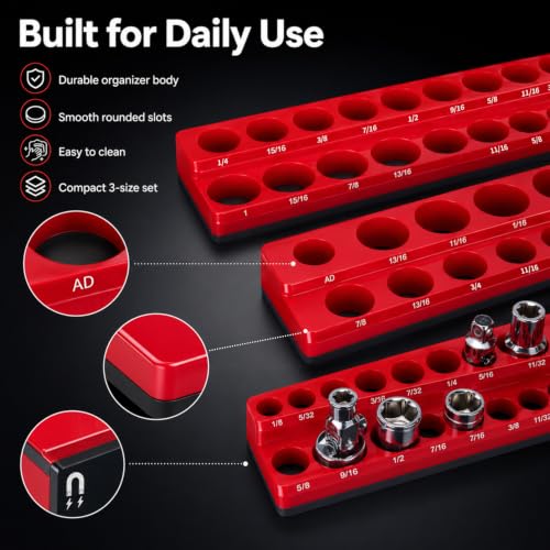 3PCS Magnetic Socket Organizer, Red SAE Socket Tray