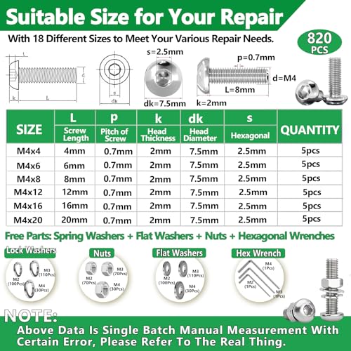 820Pcs Screw Assortment Kit, M2-M4 Stainless Steel Hex Button Cap Bolts - size: SS M2 M3 M4 820pcs 2