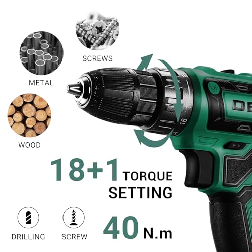 Power Drill Cordless: DEKO PRO Cordless Drill 20V Electric Power Drills Set Tool for Women with Battery and Charger 20 Volt Drills Driver Kit Green - color: Green