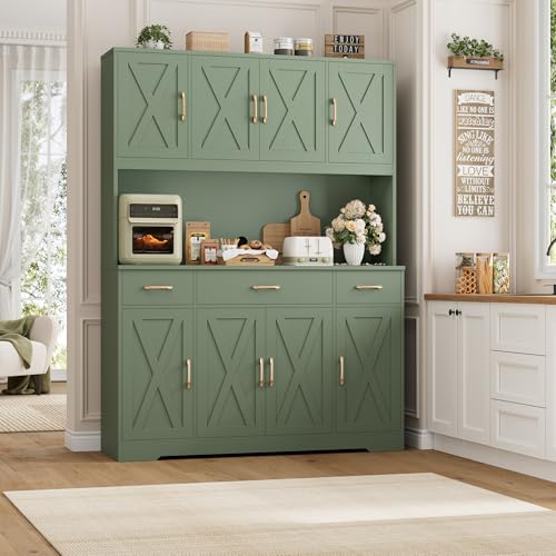 HOSTACK 71" Tall Kitchen Pantry Storage Cabinet, 55" W Kitchen Hutch, Green | Large Pantry Cabinet with Charging Station / Countertop / 3 Drawers, Farmhouse Hutch Cabinet with Storage for Dining Room - color: Green