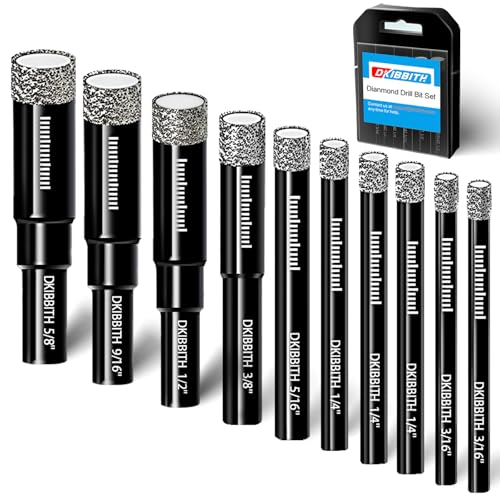 10pc Dry Diamond Core Drill Bits Set, Tile Drill bits for Ceramic Porcelain Marble Granite Stone Glass, Integrated Coolant for Dry Drilling, Round Shank, Size 3/16" 1/4" 5/16" 3/8" 1/2" 9/16" 5/8" - size: 10pc Diamond bits 3/16" to 5/8"