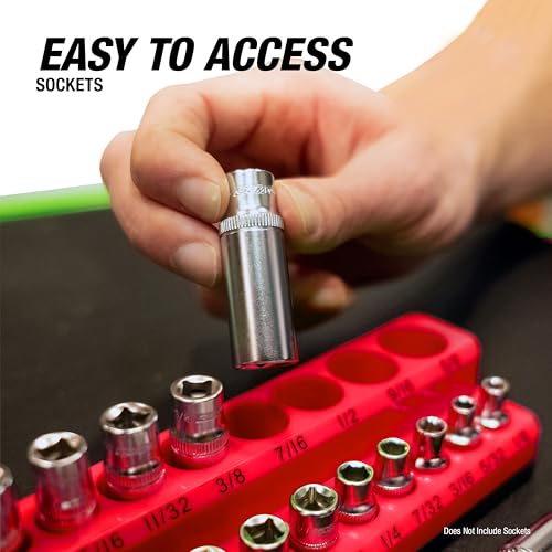 OEMTOOLS 22484 3-Pc Magnetic Socket Organizer for 68 SAE Sockets | SAE Magnetic Socket Holder, Non-Marring Rubberized Base Socket Holders, Holds 1/4, 3/8, 1/2 Inch Sizes, Clearly Marked Sizes - style: 3Pc Red