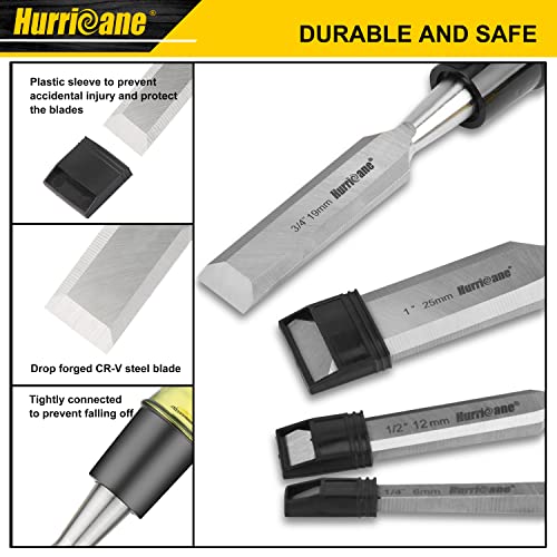 HURRICANE 4 Piece Wood Chisel Set for Woodworking. CR-V Steel Beveled Edge Blades with Safety Caps. Extra Large Grip, Impact-Resistant PVC Handle Chisels (1/4", 1/2", 3/4", 1") - size: Extra Large Size Grip