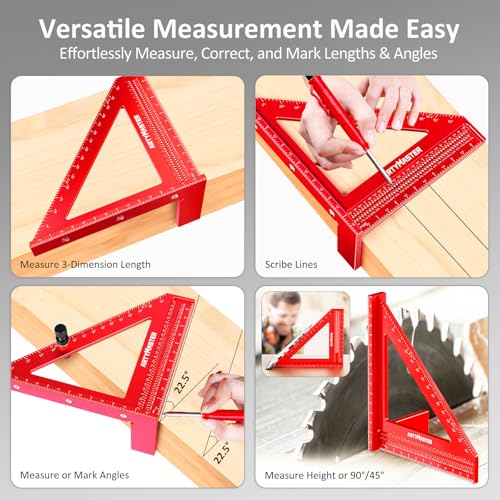 8 inch 3D Multi-Angle Measuring Square Ruler, WT103C High Precision Hole Scribing Woodworking Tools, 0-90° Aluminum Alloy Carpenter Square with Stair Gauges, Carpenter Pencils 6 Refills. - color: 8 inch Square+Pencil+Stair Gauge, style: Imperial