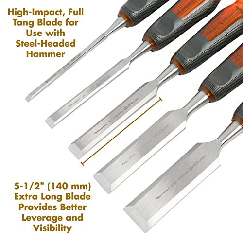 Buck Bros. 74850 5-Pc Wood Chisel Set, Full Tang Wood Chisel Sets, Woodworking Tools for Carpentry, Trim, and DIY Projects, Beveled Edge Chisels, Hardened Steel Blades, Non-Slip Handles, Storage Case - size: 5-Piece Set