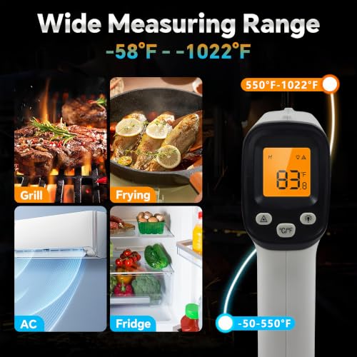 Infrared Thermometer Gun, Digital Laser Temperature Gun -58°F to 1022°F, Adjustable Emissivity, LCD Backlight, MAX/MIN Display, Non-Contact Thermometer for Pizza Oven, BBQ, HVAC, Griddle - color: Gray