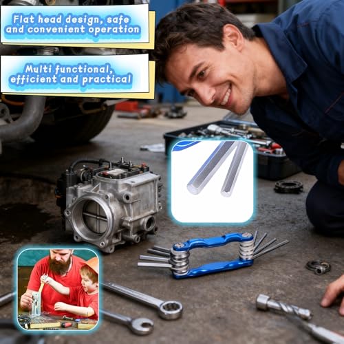 Professional 8-in-1 Folding Hex Key Set, CR-V Steel Metric Allen Wrench Multi-Tool, Blue, 1.5-6mm, Compact Design with Carabiner for Bike, Auto, Furniture Repair