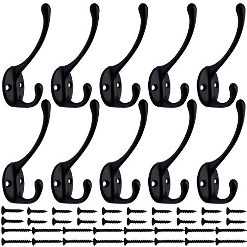IBosins 10 Pack Black Double Coat Hooks No Rust Hooks for Coat, Scarf, Bag - color: Black